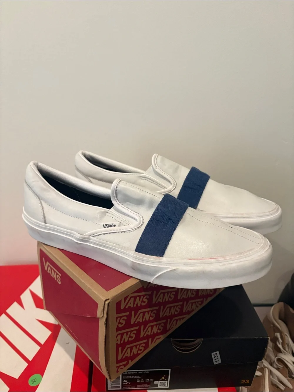 Vans Men’s White Leather Slip-On with Navy Strap